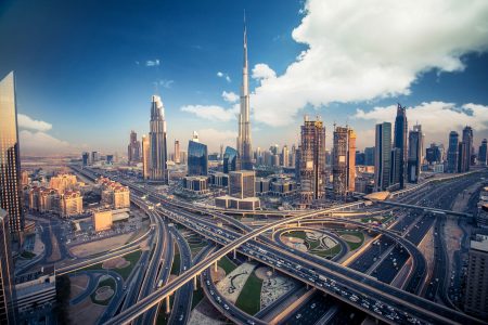 Dubai,Skyline,With,Beautiful,City,Close,To,It's,Busiest,Highway